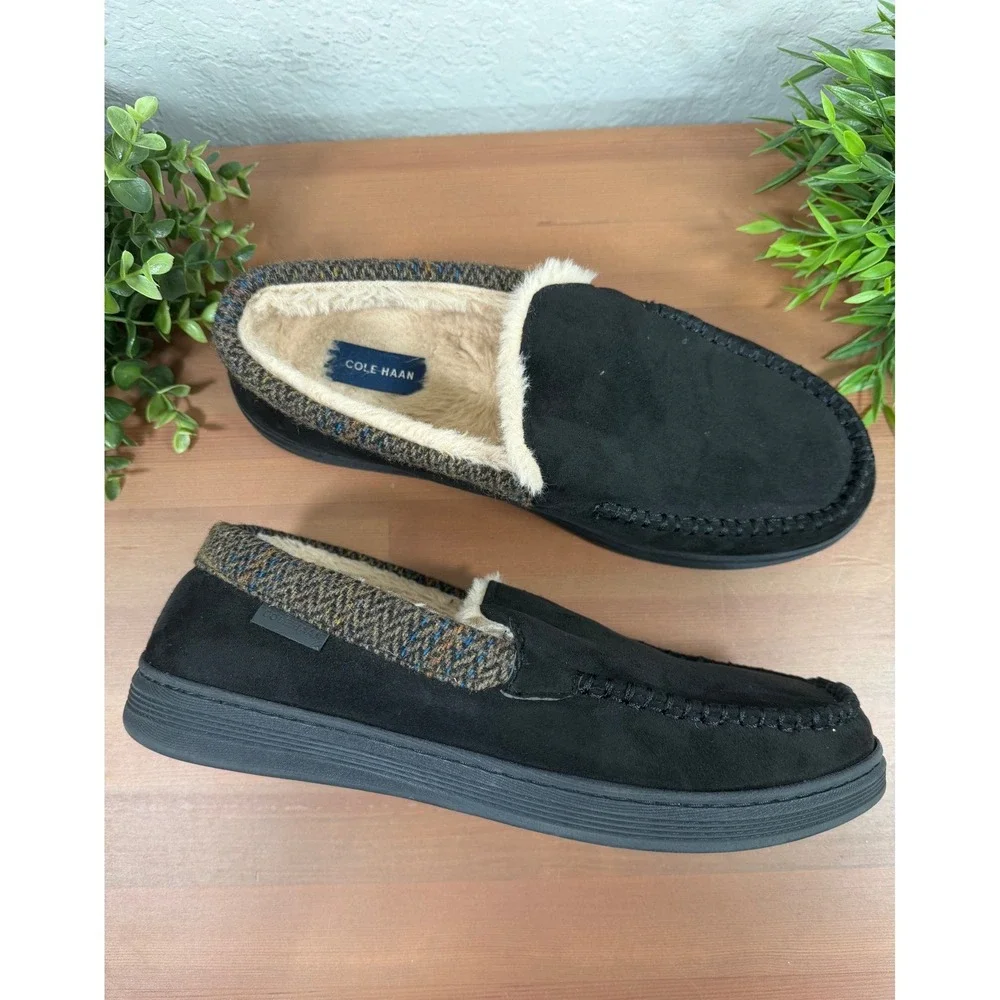 Cole Haan Mens Moccasin Black Faux Fur Lined Slipper Size 9-10